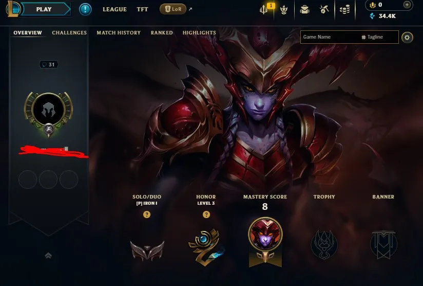 EUW High Quality Safe S14 Iron 4 S16 Iron 1 0 LP Hardstuck| BE:34400| 0% WR Low MMR | Honor lvl 3 | #31