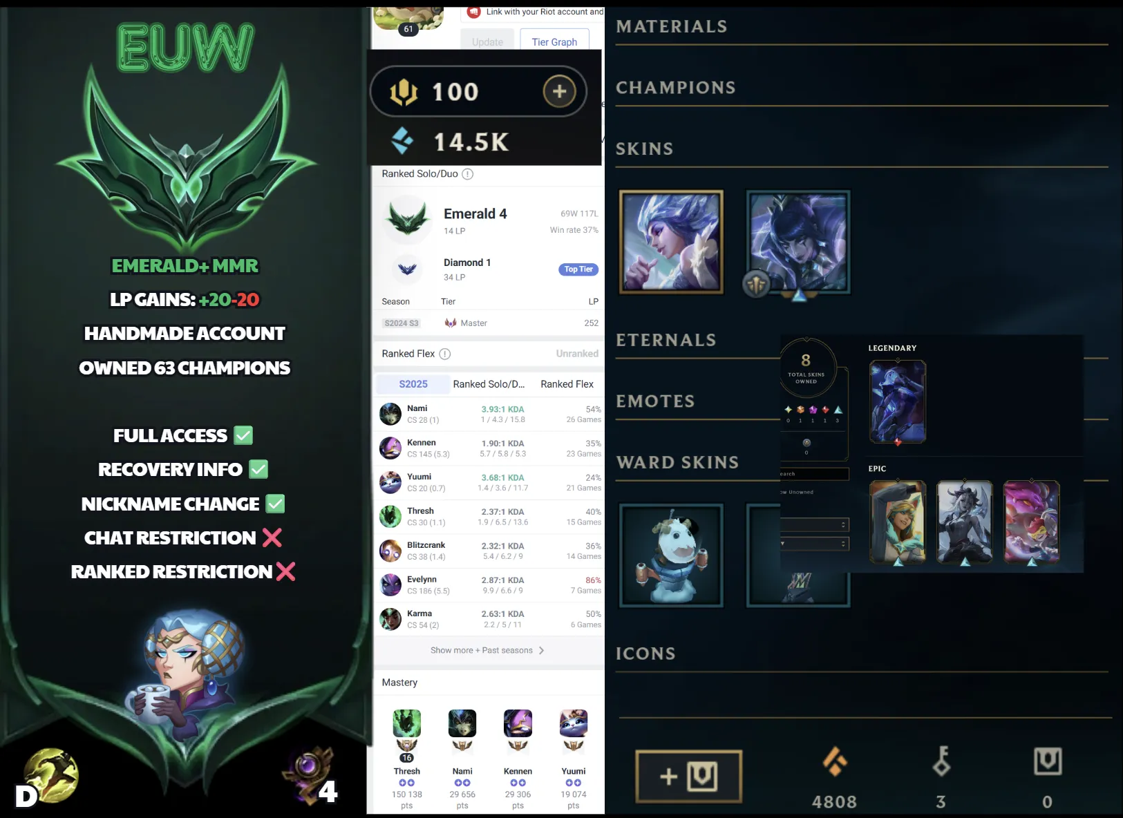 🌍 EUW 🔒 Handlevel ⚡️ Emerald IV (14 LP) ✨️ Master 252LP Peak S13 🔥 Diamond 1 Peak Current Season 📧 Full Access Account ✅ #SBL-U8T