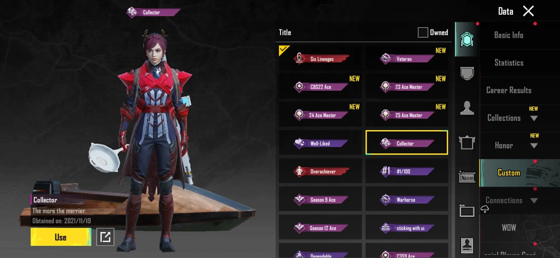 PGM548 Glacier Lv3, M762 8-bit Unicorn Lv3, AKM Hellfire (Kill Effect), Collector Title, Ace, Libra Masked Desert Skins, 6 Mythic Sets 