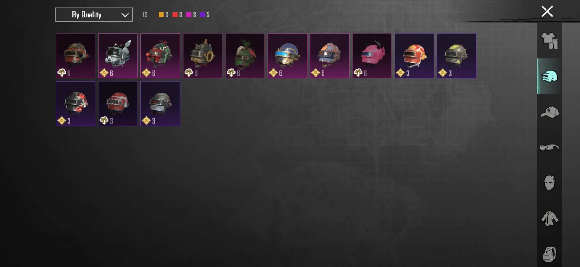 PGM548 Glacier Lv3, M762 8-bit Unicorn Lv3, AKM Hellfire (Kill Effect), Collector Title, Ace, Libra Masked Desert Skins, 6 Mythic Sets 