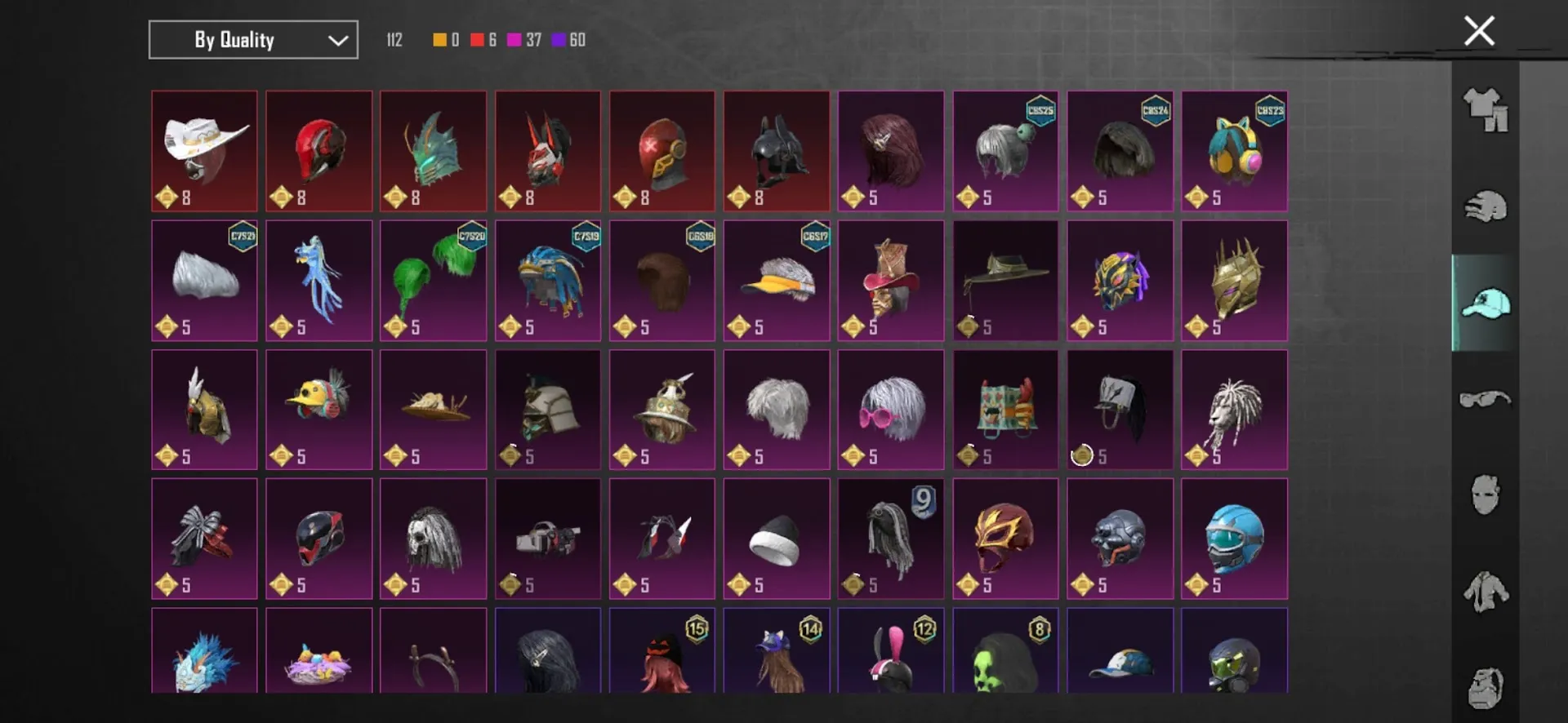 PGM548 Glacier Lv3, M762 8-bit Unicorn Lv3, AKM Hellfire (Kill Effect), Collector Title, Ace, Libra Masked Desert Skins, 6 Mythic Sets 