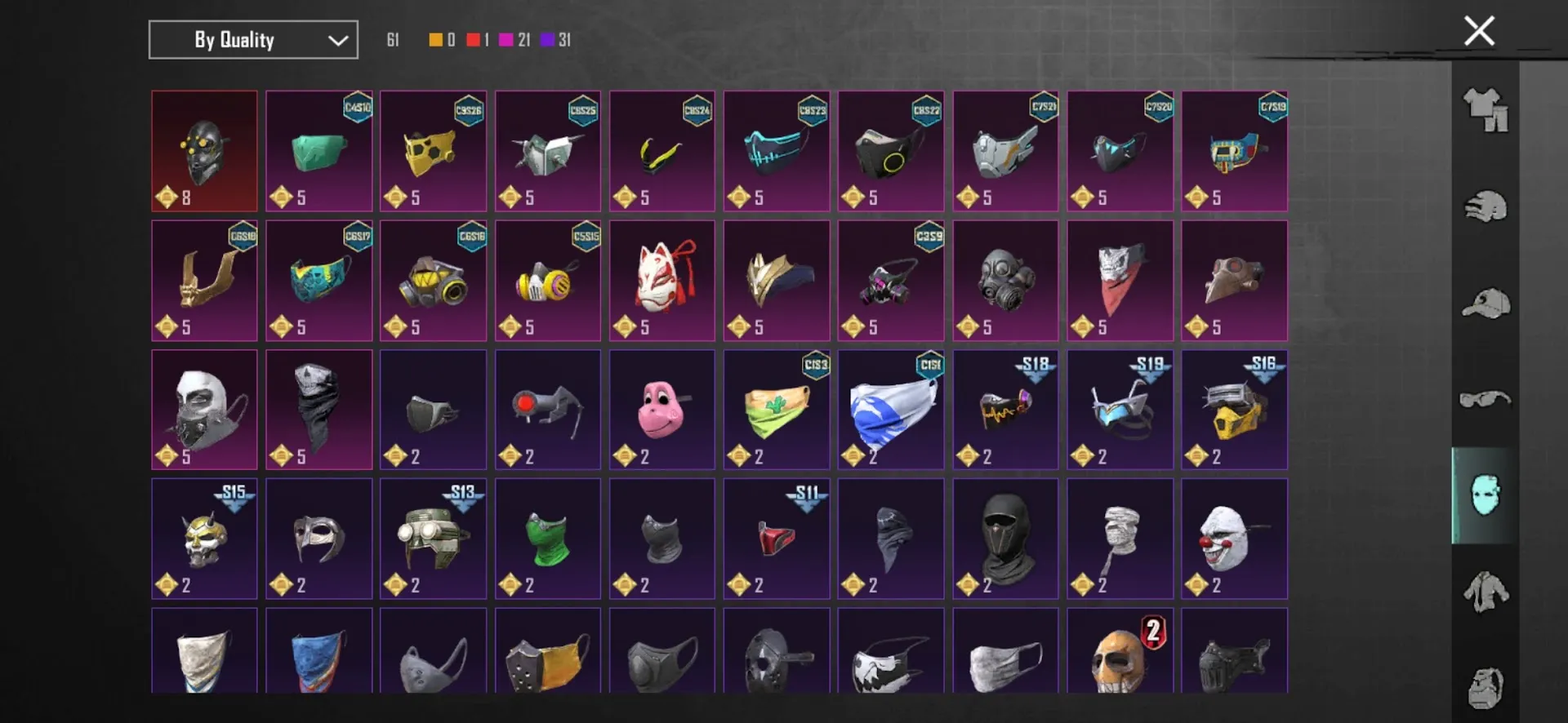 PGM548 Glacier Lv3, M762 8-bit Unicorn Lv3, AKM Hellfire (Kill Effect), Collector Title, Ace, Libra Masked Desert Skins, 6 Mythic Sets 