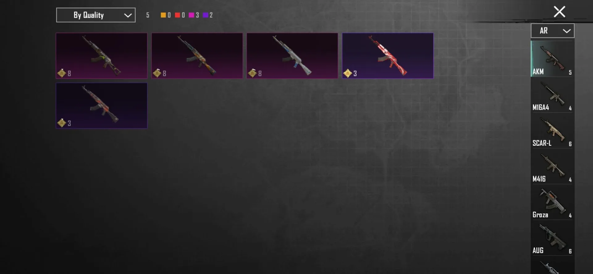 PGM548 Glacier Lv3, M762 8-bit Unicorn Lv3, AKM Hellfire (Kill Effect), Collector Title, Ace, Libra Masked Desert Skins, 6 Mythic Sets 