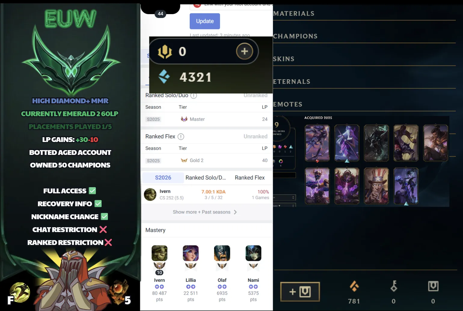 🌍 EUW 🔒 Handlevel ⚡️ Emerald II (60 LP) 🥇 Master Peak 2025 ✨️ WR:100%  📧 Full Access Account ✅ #SBL-R5V