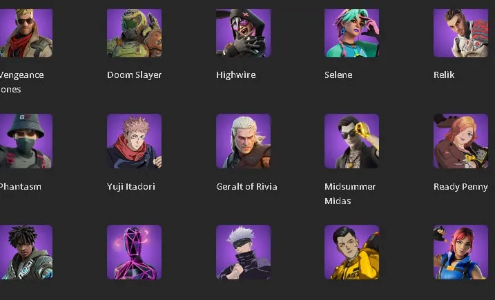 F1043 78 Skins, 70 Picks, Galaxy Grappler, Gojo, Utah, Midsummer Midas, Harley Quinn, Optimus Prime, Geralt, Doom Slayer 