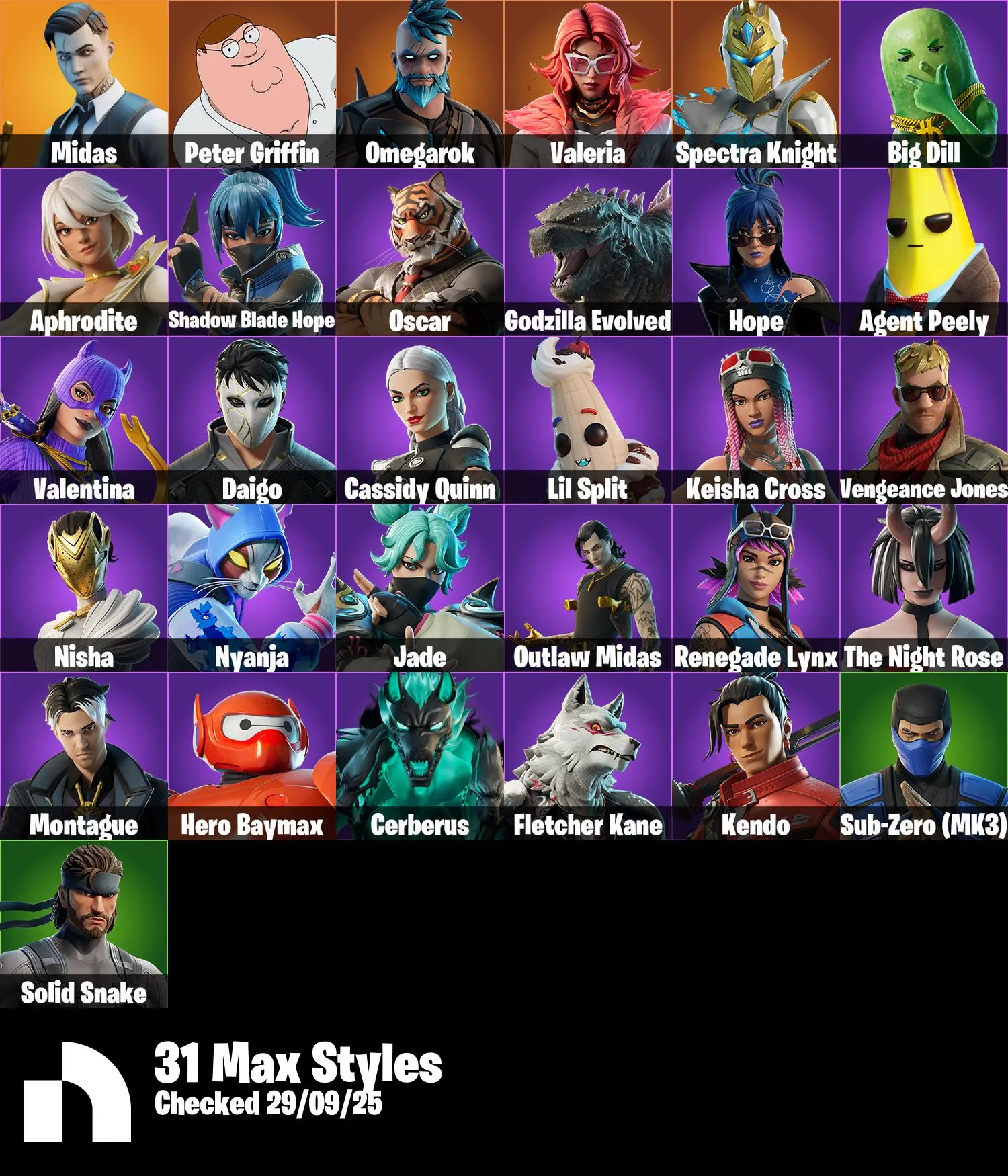 F919 Wildcat, Midas, Sleek Strike, Shooting Starstaff, Peter Griffin, Spectra Knight, Deadpool, Ninja, Solid Snake + 45 Additional Skins