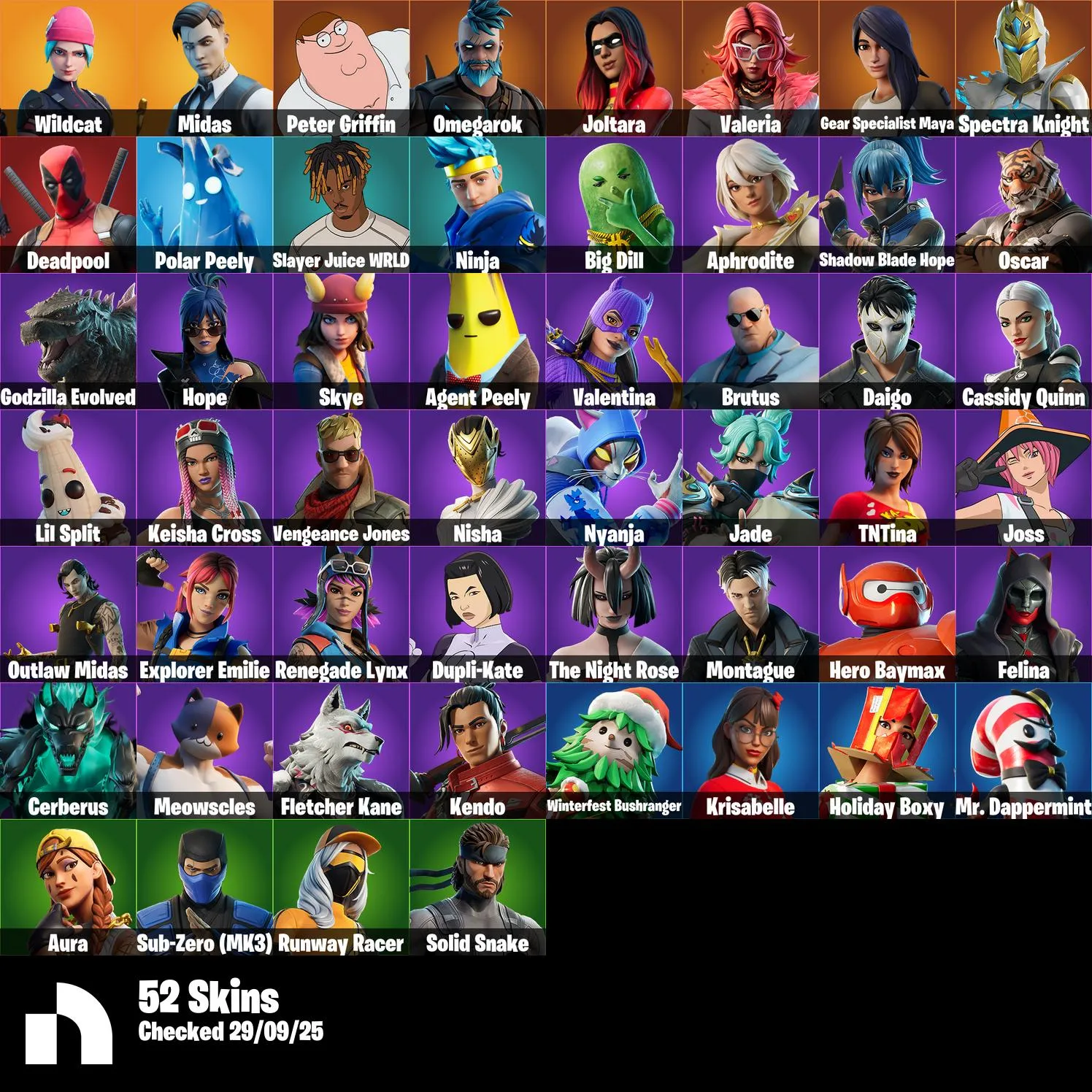 F919 Wildcat, Midas, Sleek Strike, Shooting Starstaff, Peter Griffin, Spectra Knight, Deadpool, Ninja, Solid Snake + 45 Additional Skins