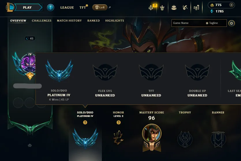 S16🔥Platinum 4 45LP (4W/6L) Handleveled🚀+30/-10LP Gains💎55Champs 775RP⭐Name Changeable✔️Recovery Info Included✅Lifetime Ownership Guarantee