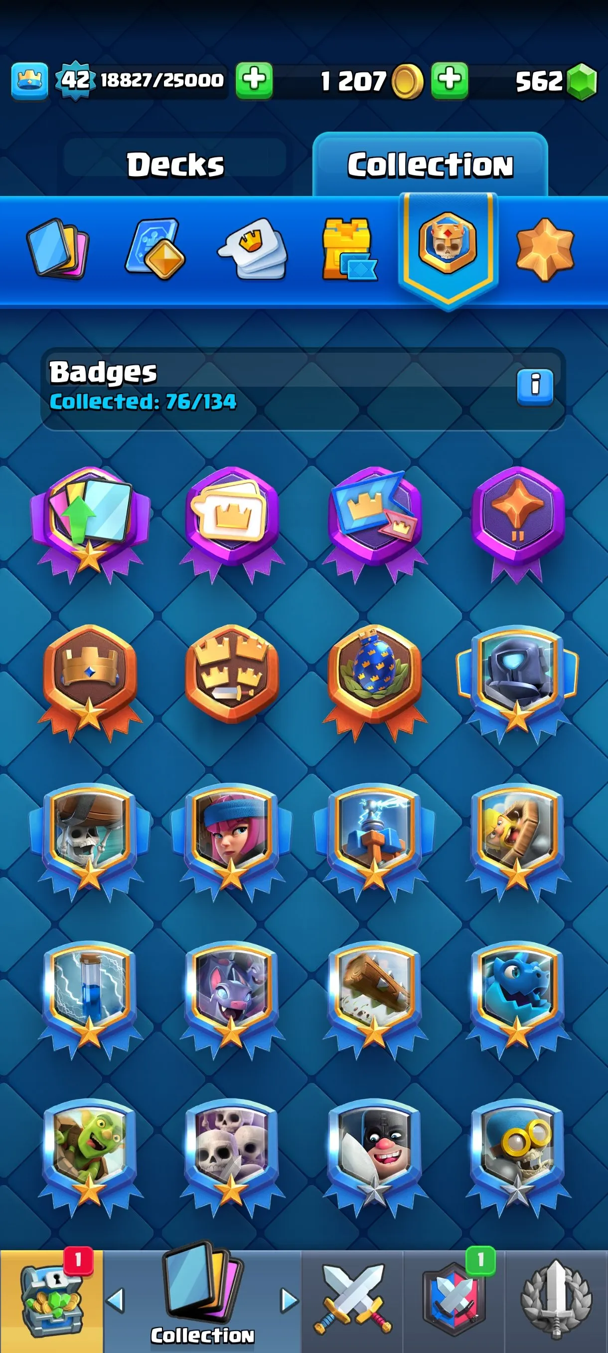 CR679 7530 cups 9 Evolutions 121 cards 562 gems King 42 Arena 20 53 emotes 2 tower skins rich badges collection