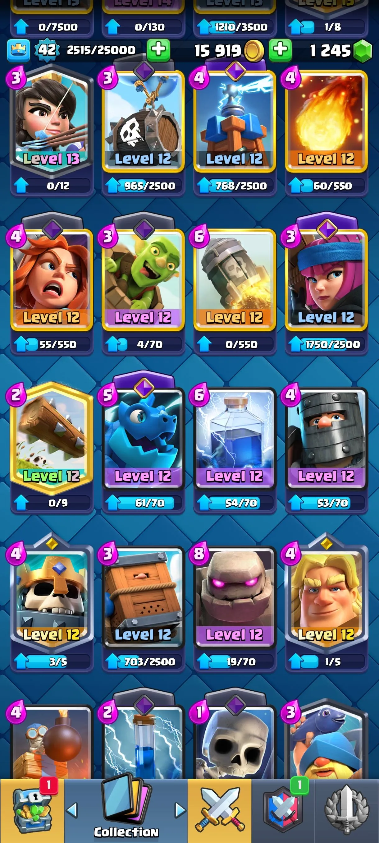 CR543 9730 cups 7 Evolutions 117 cards 54 emotes 2 tower skins 42 banners 53 frames