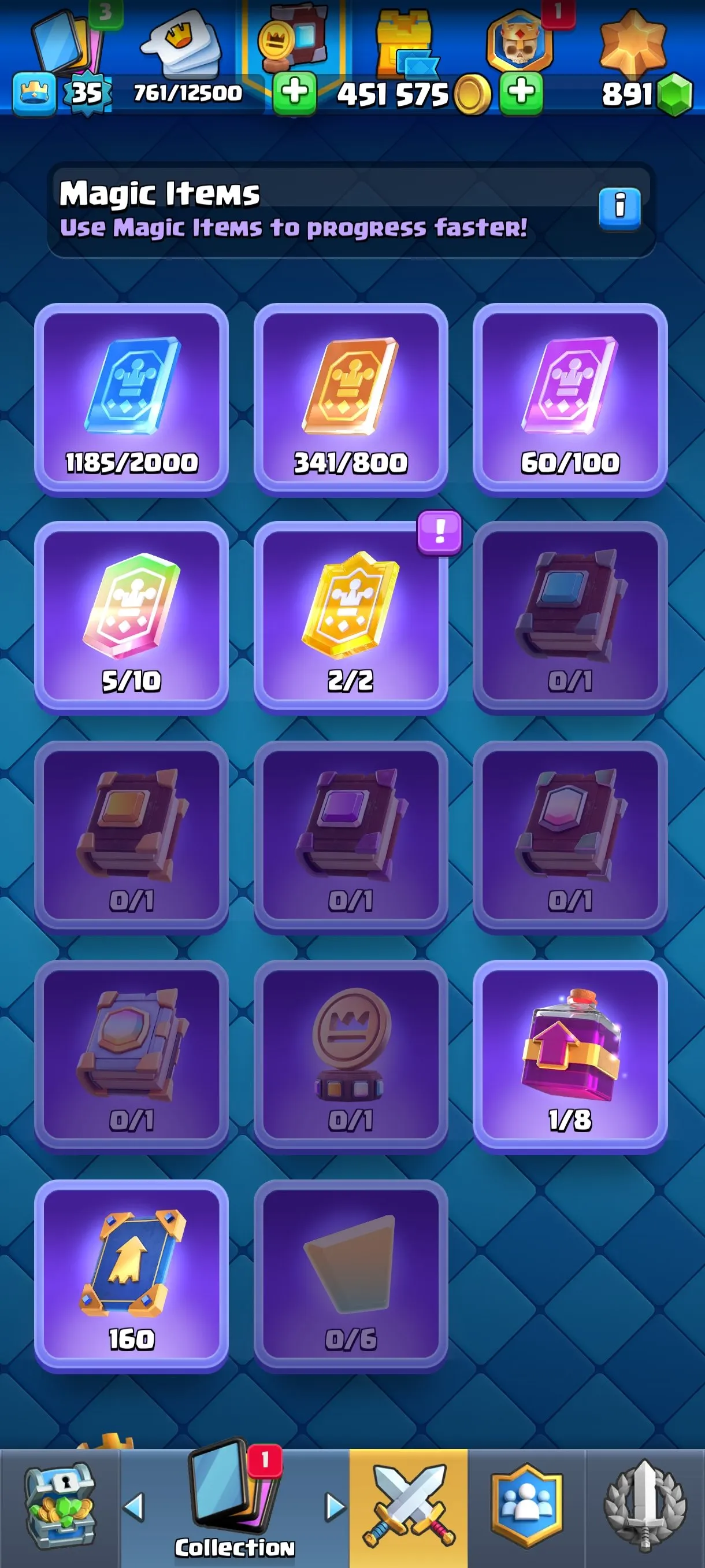 CR670 7518 cups 6 Evolutions 20 Legendary 118 cards 891 gems 451575 gold King 35 Arena 20 tower skins emotes badges