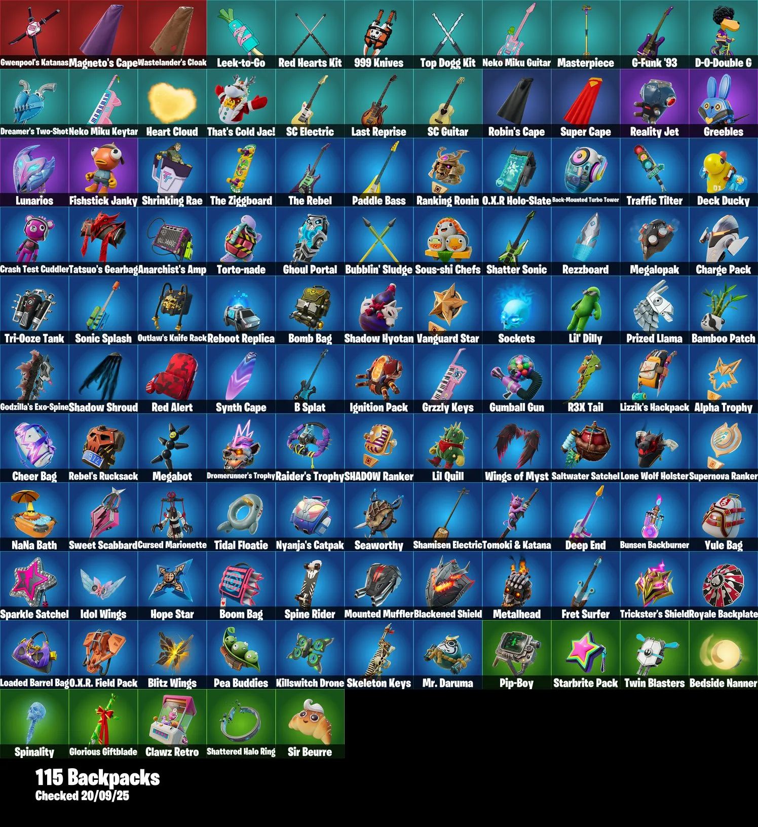 F1202 88 Skins (Fishstick, Neko Hatsune, Shadow Vox, Showboat, Slammin' Bass, Wastelander Magneto, Robin, Sabrina Carpenter, Knight Conqueror, Hero Baymax, Peabody, and More)