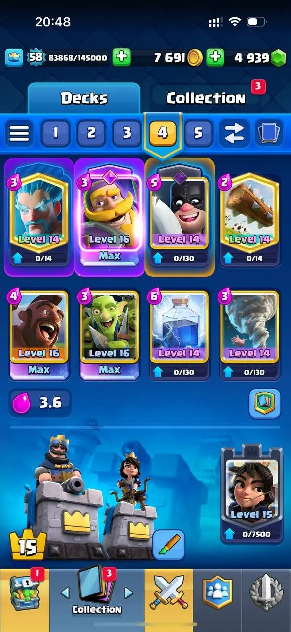 CR546 Arena 20 Level 58 | 7.6k Trophies | 19 Legendary Cards | 5 Evolutions | 4900 Gems | 33 Emotes | 119 Cards