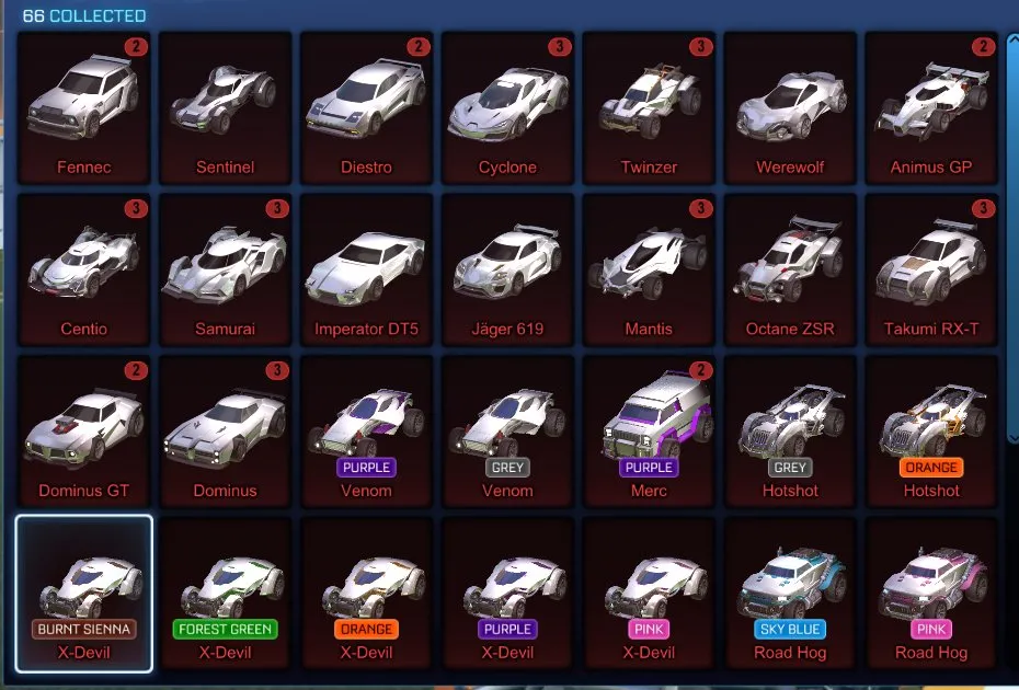 STOCK482 //Fennec, 66 Car Bodies (Purple/Grey Hotshot, Burnt Sienna/Forest Green/Orange/Purple/Pink/Sky Blue X-Devil, Burnt Sienna Paladin, Purple Merc/Road Hog, Pink Road Hog), 46 Black Markets