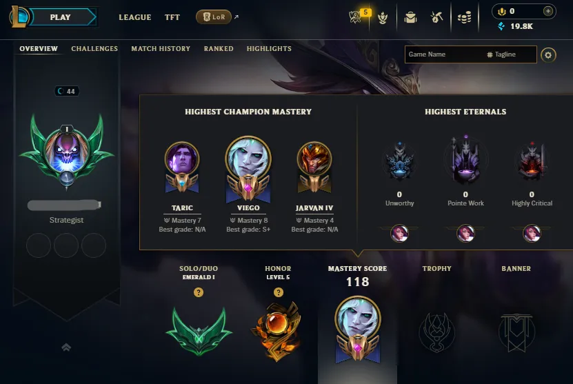 🔥LVL44 Emerald 1 24LP 58%WR Handleveled💎20K BE 37Champs 7Skins⭐Name Changeable✅Lifetime Ownership Guarantee - Never Taken Back