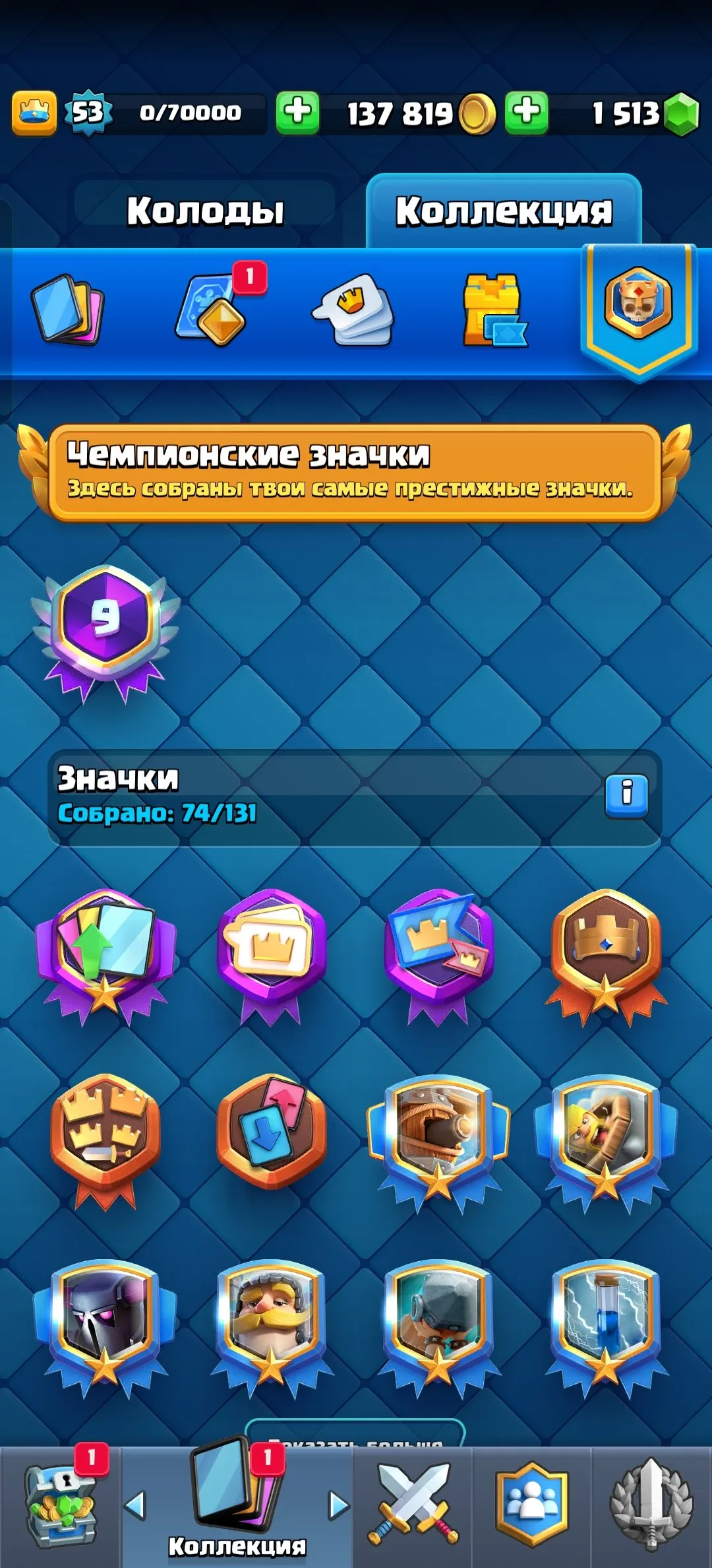 CR583 9 YEARS OF GAMEPLAY star Arena 24 star Level 53 star 9768 trophies star 19 legendary cards star 74 badges star 43 emotes