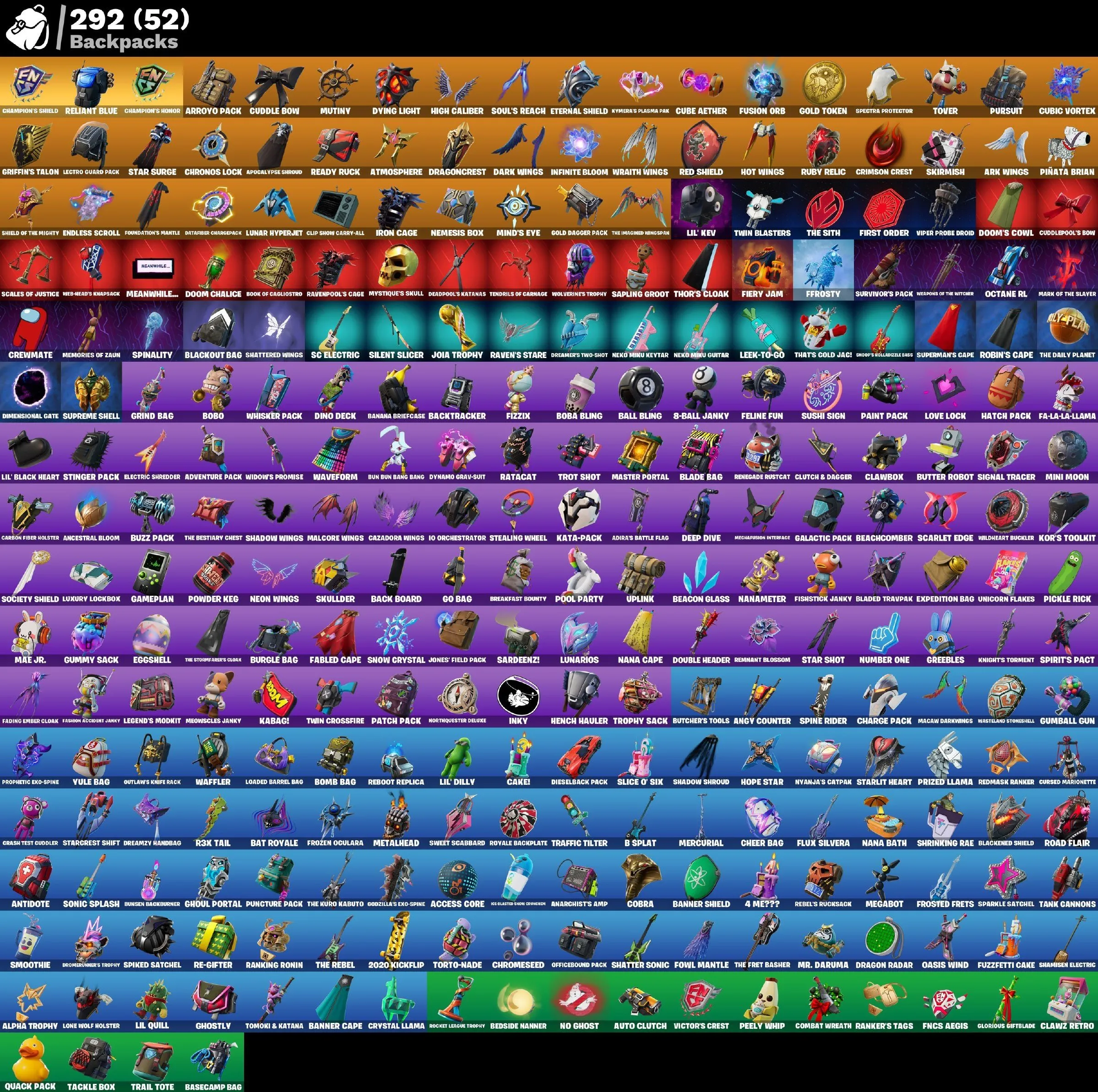 F1019 Arcane Vi, Tart Tycoon, Trilogy, Monarch, Warpaint, Rose Team Leader, OG Save The World, 257 Skins, 64 Exclusives, 292 Dances, 292 Backblings, 256 Pickaxes, 216 Gliders, 1550 V-Bucks 