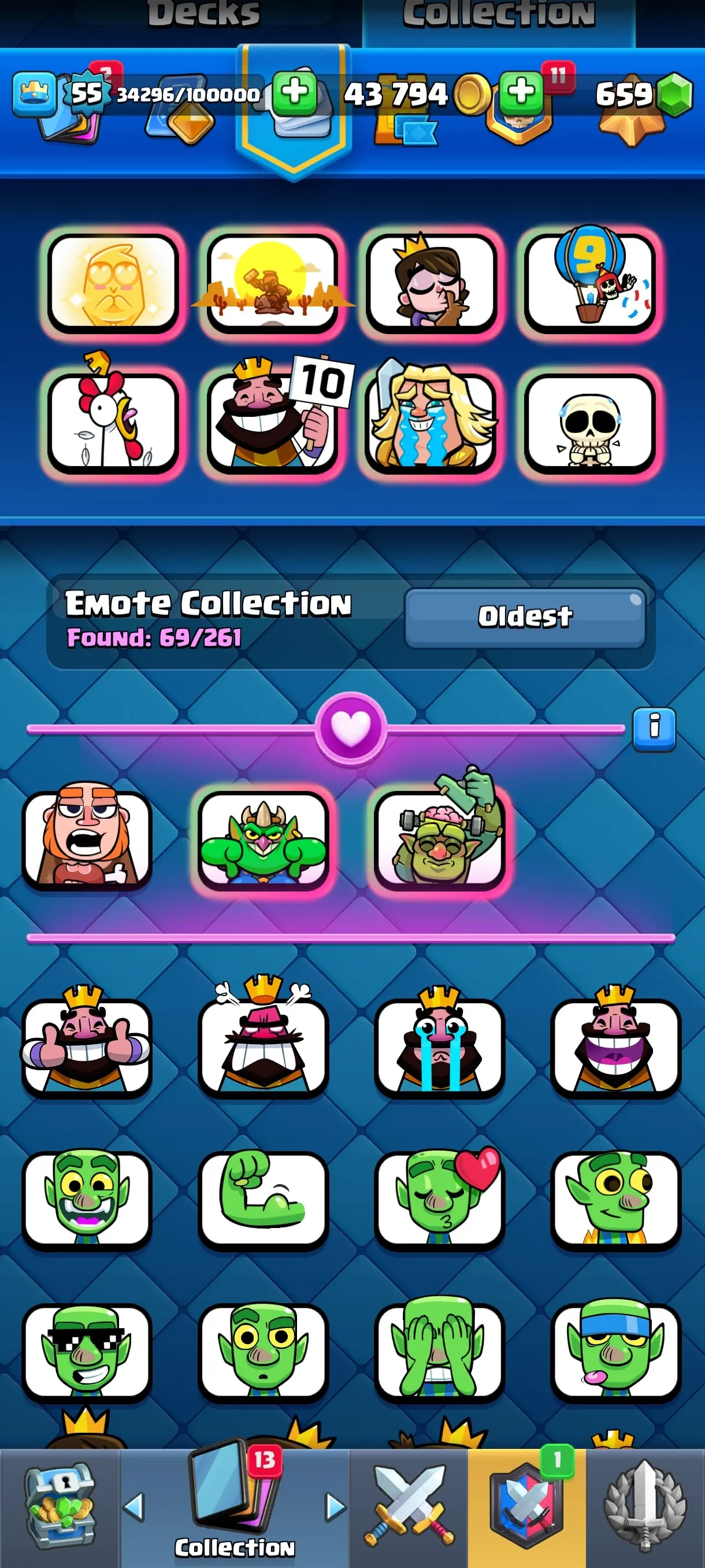 CR681 10000 cups 10 Evolutions 121 cards 659 gems 43794 gold King 55 Arena 25 69 emotes 9 tower skins max balloon mega knight