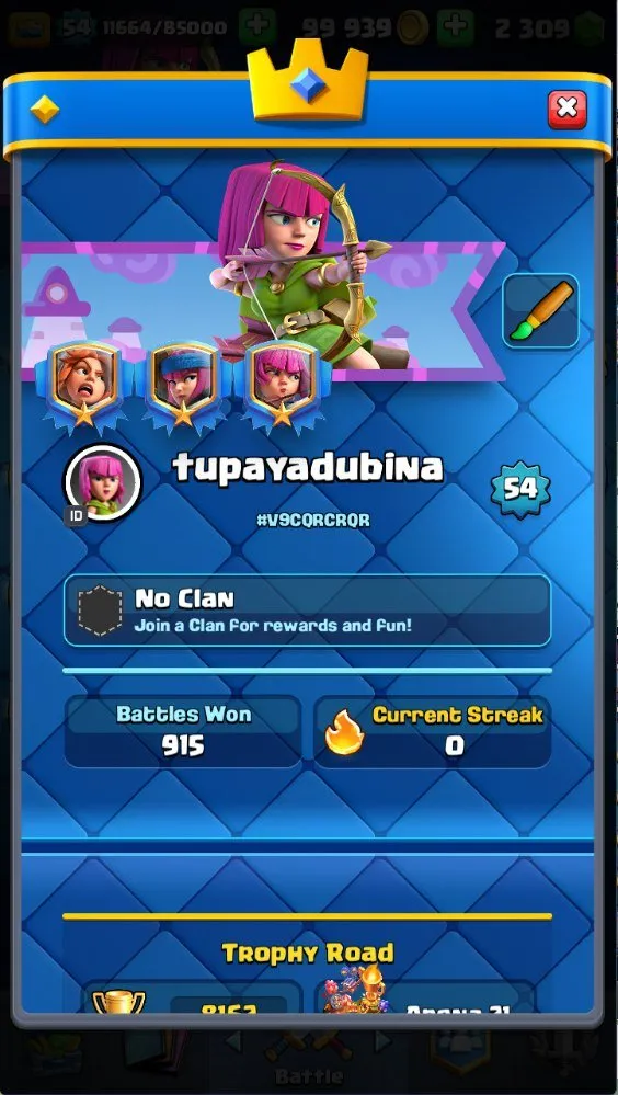CR627 Lvl 54 8.1k Trophies Arena 21 Mega Knight Deck 2 Lvl 16 3 Lvl 14 3 Evo 19 Legendaries 2.3k Gems 117 Cards 99k Gold Name Change