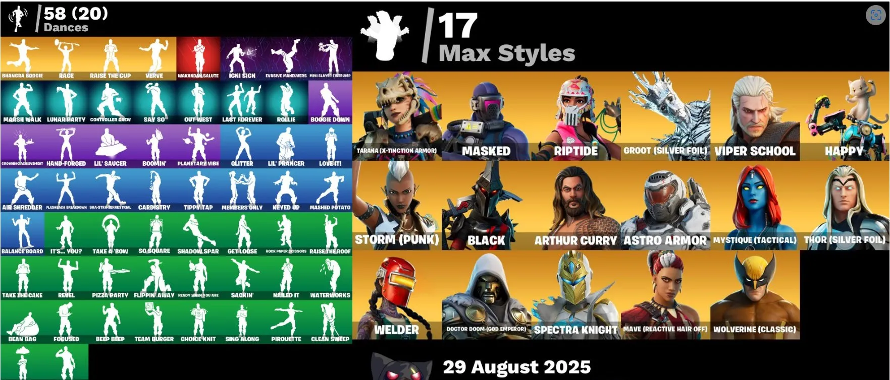 F1000 74 Skins: Lara Croft, Tony Stark, Galaxia, Mandalorian, Black Knight, Spectra Knight, Wolverine, Groot (Silver Foil), Thor (Silver Foil), Mystique (Tactical), Storm (Punk), Viper School & More
