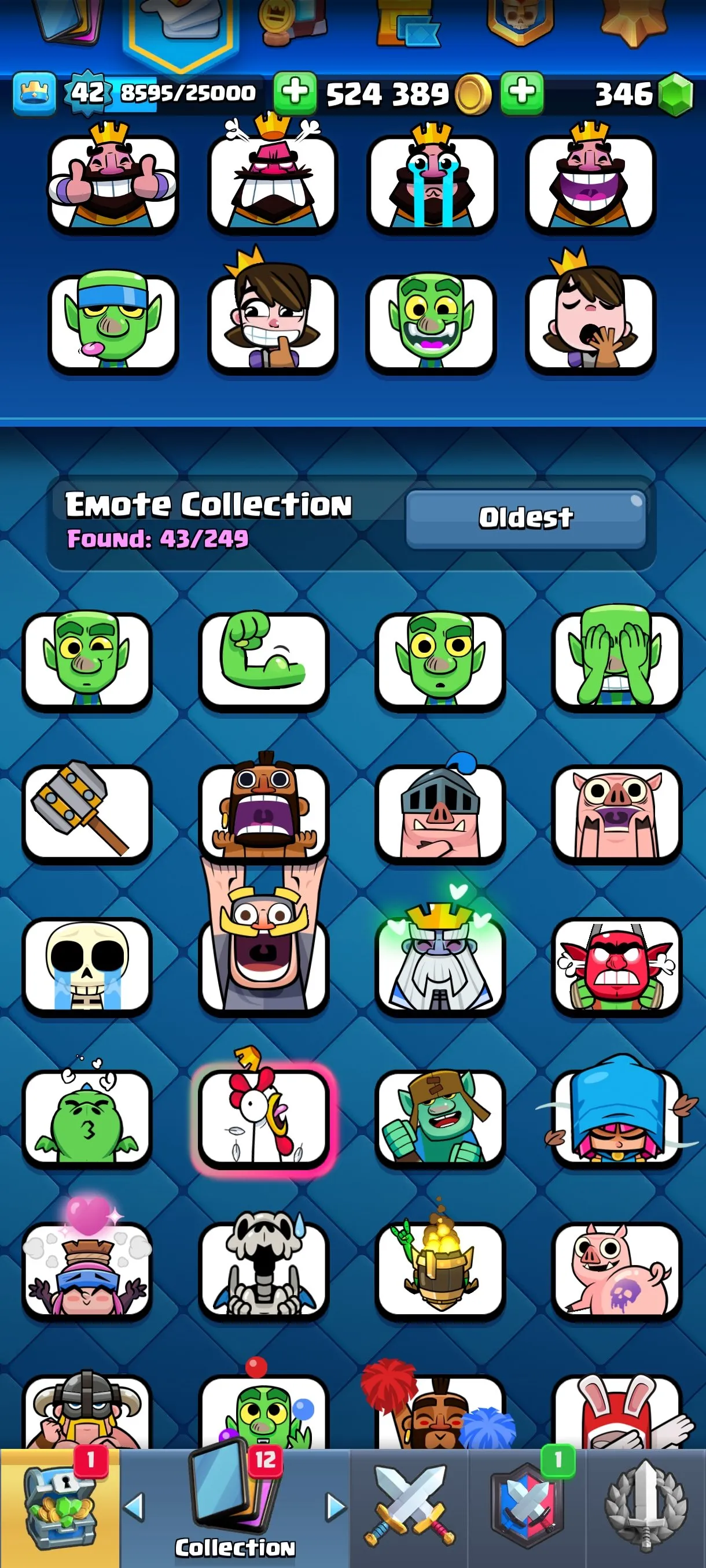 CR621 Maxed 8708 Cups star 11 Evolutions Lv14 Meta Cards 524k Gold 346 Gems 3 Towers 43 Emotes 118 Cards Name Change