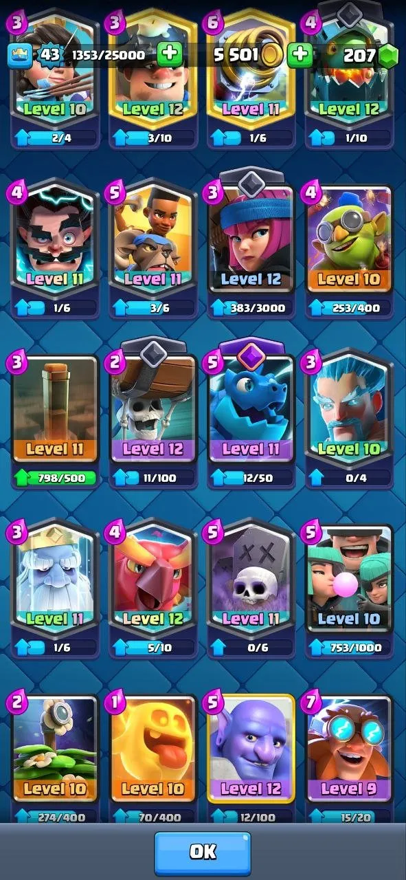 CR515 Max Arena 20 7803 Trophies | Level 43 | 8 Evolutions | 31 Emotes | 120/121 Cards 