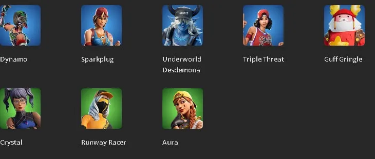 F1043 78 Skins, 70 Picks, Galaxy Grappler, Gojo, Utah, Midsummer Midas, Harley Quinn, Optimus Prime, Geralt, Doom Slayer 