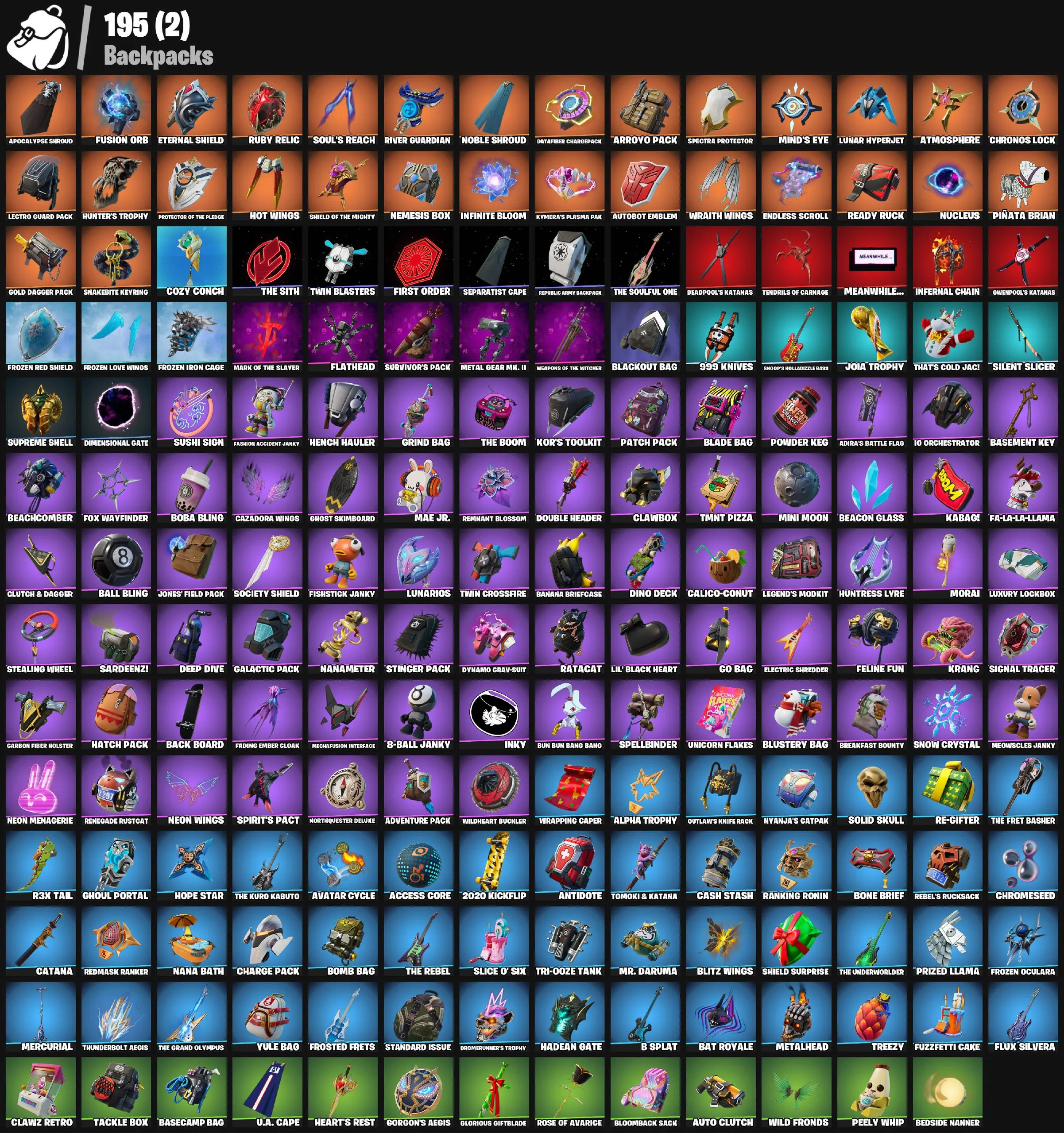 F1111 Renegade Raider, Gold Meowscles, Gold Midas, Gold TNTina, Gold Brutus, Dummy Supreme, Fusion, 158 Skins, 195 Backpacks, 169 Pickaxes (G)