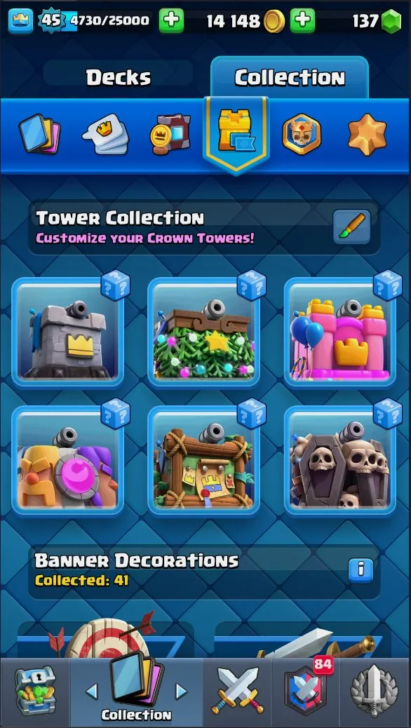 CR612 DL5 KT14 lvl 45 max 1 card 14 lvl 4 cards 8 evolutions 7768 trophies 34 emotes 6 tower skins 137 gems 14k gold