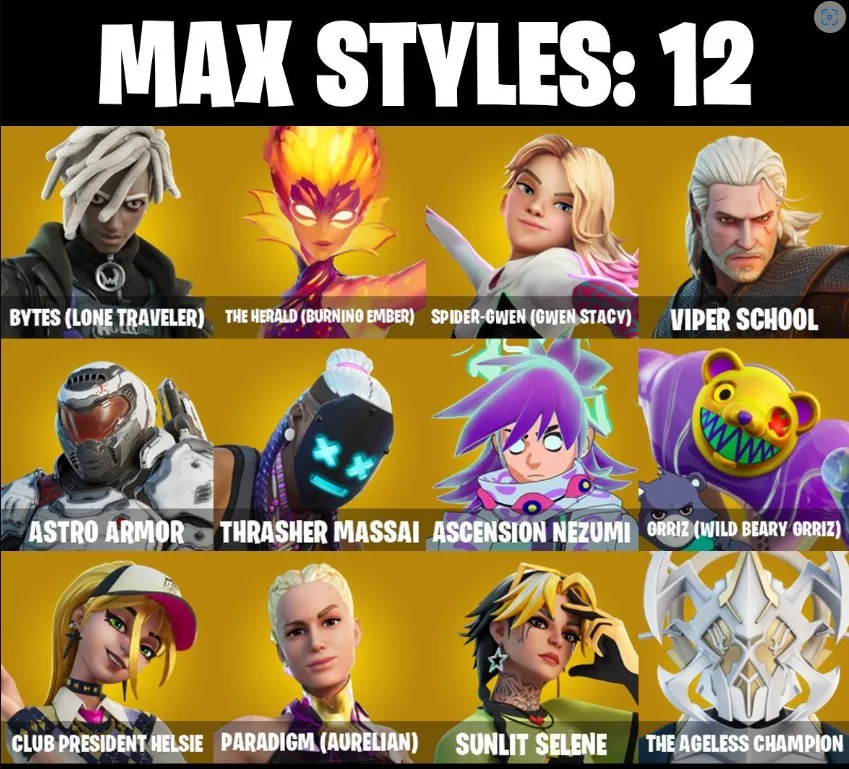 F1182 SULTURA, CYMITAR, SNOWTOOTH, Follow The Butterfly, Snow Sailer, 31 Skins, 39 Gliders, 41 Backblings, 41 Pickaxes, 12 Max Styles, Exclusive Items 