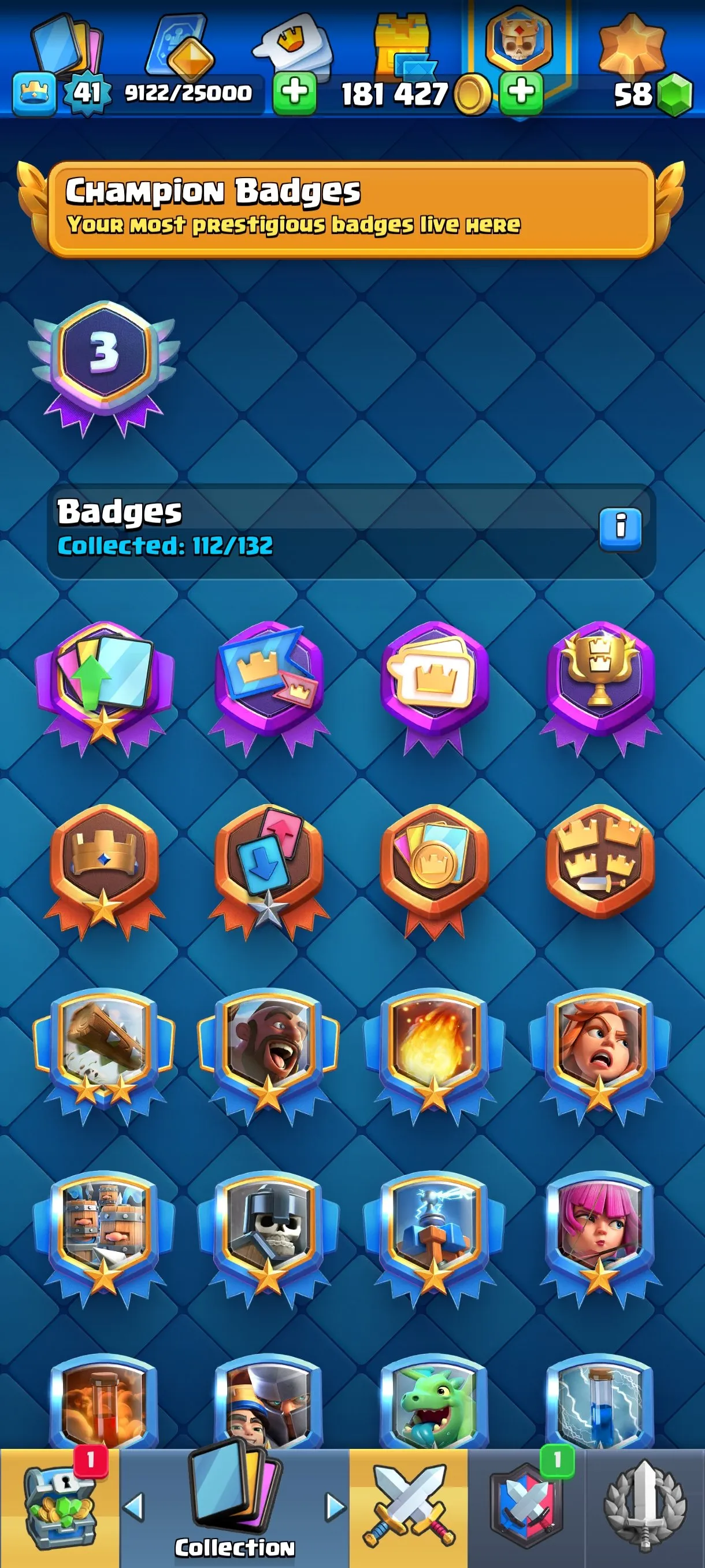 CR677 9244 cups 4 Evolutions 121 cards 58 gems 181427 gold King 41 Arena 23 36 emotes 5 tower skins rich deck