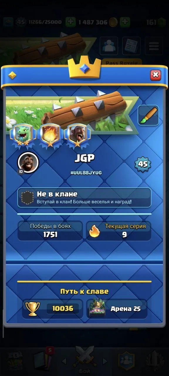 CR581 Maxed 2.6 Hog Cycle deck, Level 45, Arena 25, 10k+ trophies, 21 legendaries, 9 evolutions, 1.48M gold, 161 gems, many emotes and tower skins