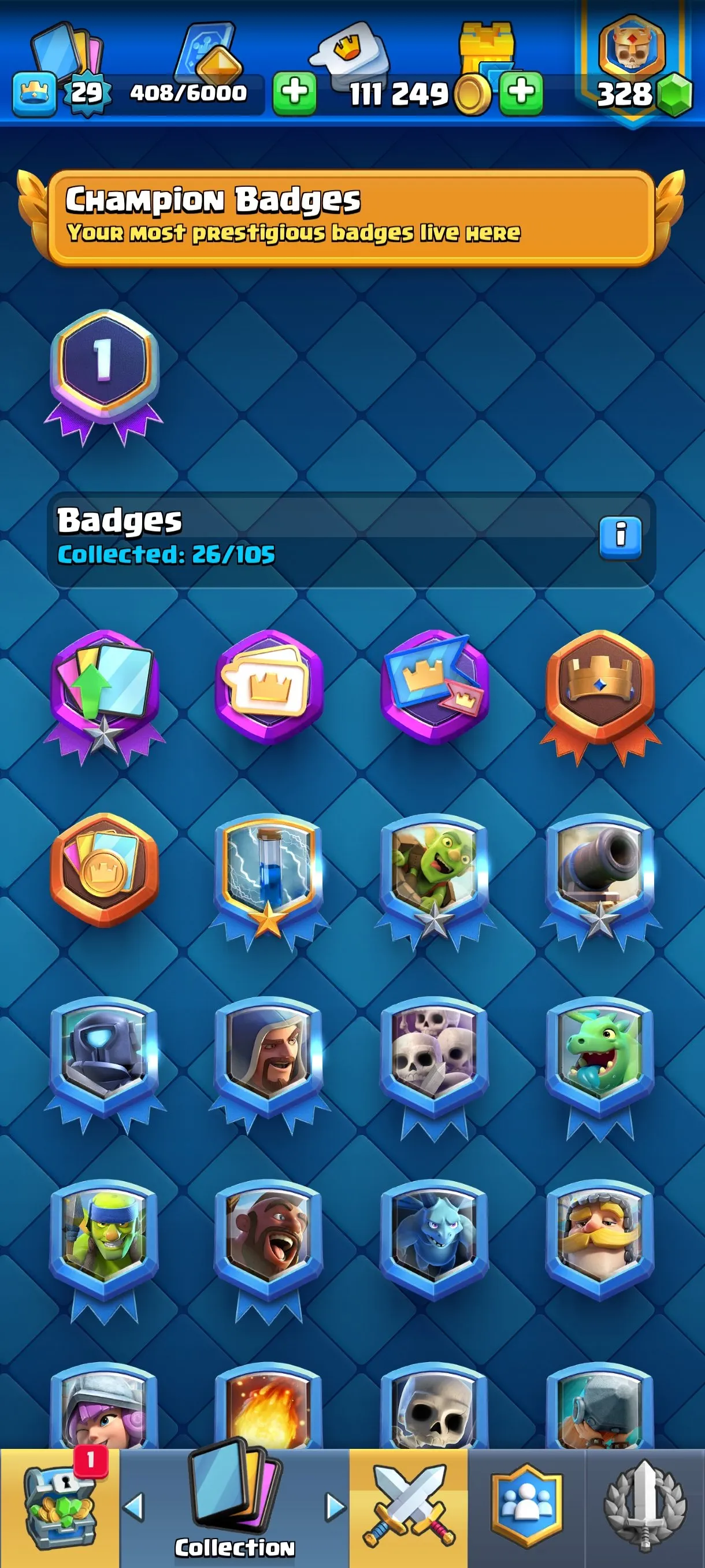 CR682 4445 cups 0 Evolutions 89 cards 328 gems 111249 gold King 29 Arena 13 12 emotes 1 tower banner collection