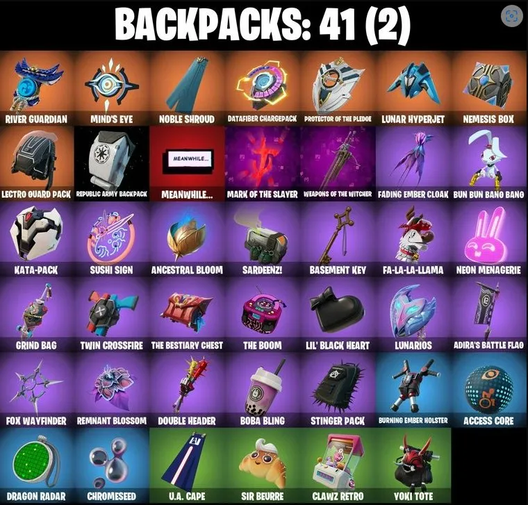 F1182 SULTURA, CYMITAR, SNOWTOOTH, Follow The Butterfly, Snow Sailer, 31 Skins, 39 Gliders, 41 Backblings, 41 Pickaxes, 12 Max Styles, Exclusive Items 