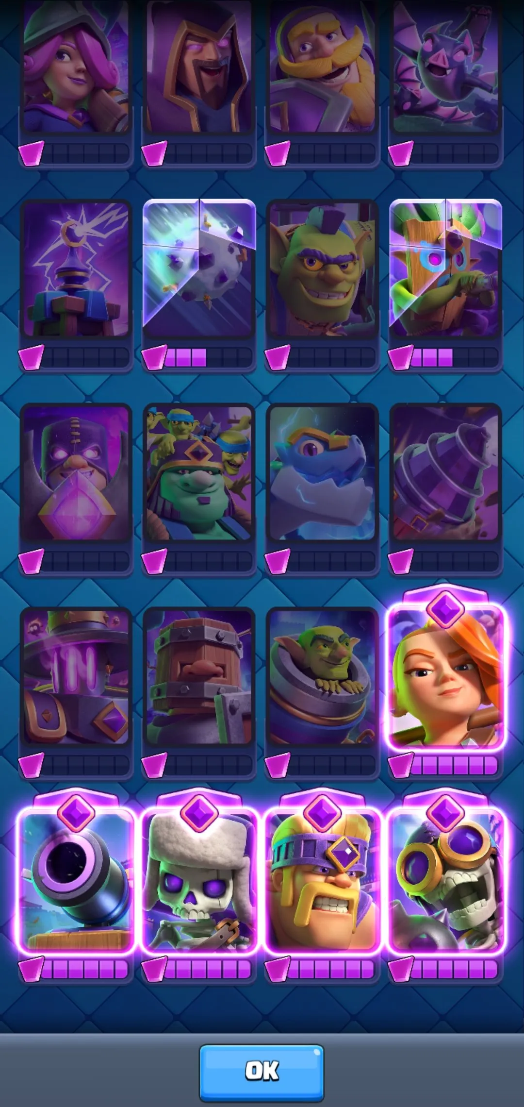 CR550 5 EVO star 10000 Trophies star 120/121 Cards star 22 Legendary star 36 Emotes star 4 Towers star 3 Level 15 Cards