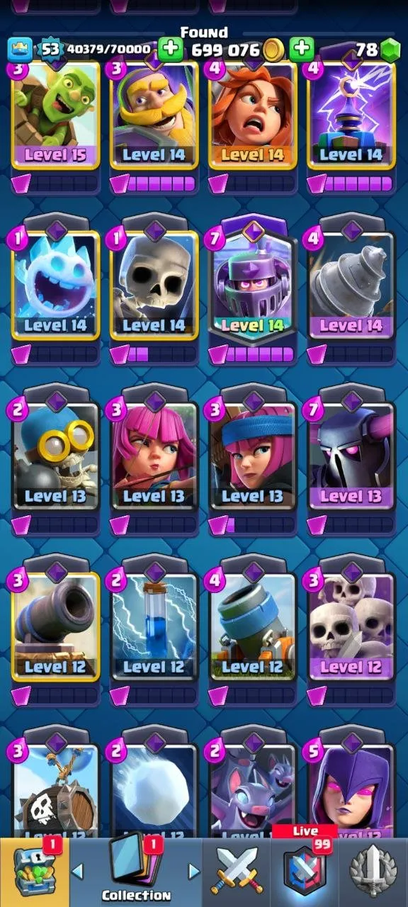 CR544 ULTIMATE CHAMP 9742 trophies 78 emotes 5 level 15 cards 18 level 14 cards 699k gold 21 legendary cards 62 banners