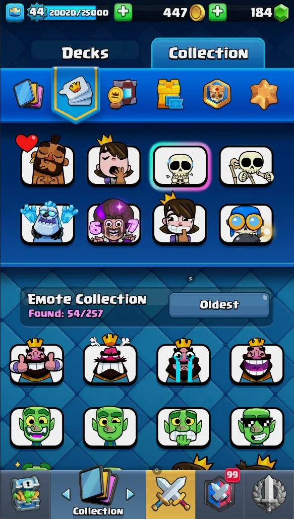 CR613 DL3 KT14 lvl 44 MAX 1 14 lvl 7 EVO 9 7500 trophies 54 emotes 5 tower skins 184 gems 447 gold