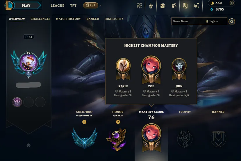 Emerald 4 MMR🔥Platinum 4 73%WR Handleveled🚀 +38/-12LP Gains💎49Champs 2Skins✅Lifetime Ownership Guarantee - Never Taken Back