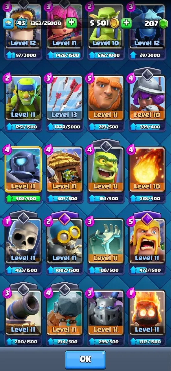 CR515 Max Arena 20 7803 Trophies | Level 43 | 8 Evolutions | 31 Emotes | 120/121 Cards 
