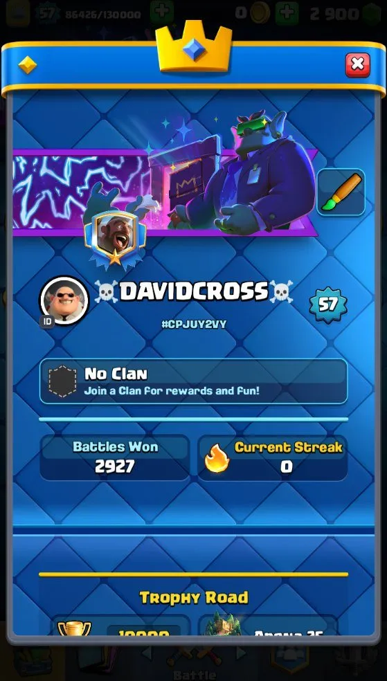 CR538 Max Arena 24 10k Trophies lvl 57 Full 121 Cards 20 Legendary 6 Evolutions 42 Emotes Hog Rider Graveyard Deck 2900 Gems