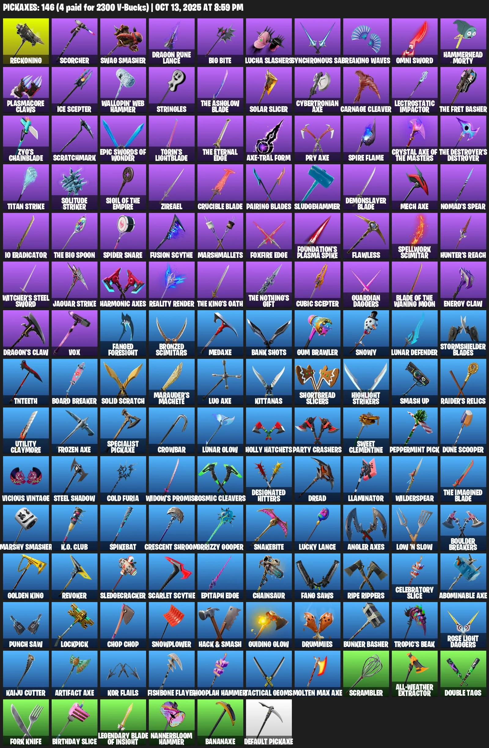 F1098 151 Skins, 146 Pickaxes, 143 Emotes, 142 Gliders, 19,900 V-Bucks Spent, All Platforms, Since 2018, 2204 Level (G)