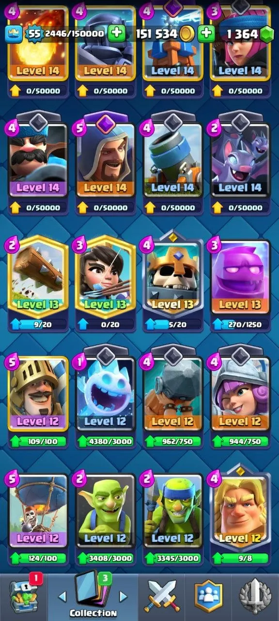 CR522 Maxed Arena 25 Account 10.7k Trophies, 9 Level 15 Elites, 17 Level 14, 10 Evolutions, 70 Emotes, 8 Tower Skins, 53 Banners, 1.3k Gems, 151k Gold 