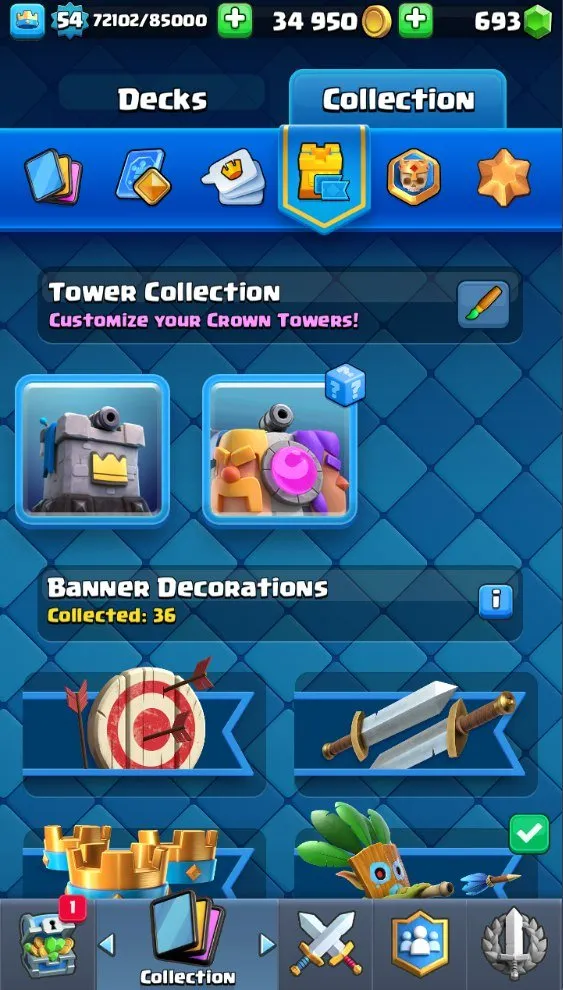 CR574 Maxed 10k trophies lvl 54, arena 24, 121 cards found, 6 lvl 15 deck, 13 lvl 14, 10 evolutions, 46 emotes, 19 legendary, 693 gems, 34k gold