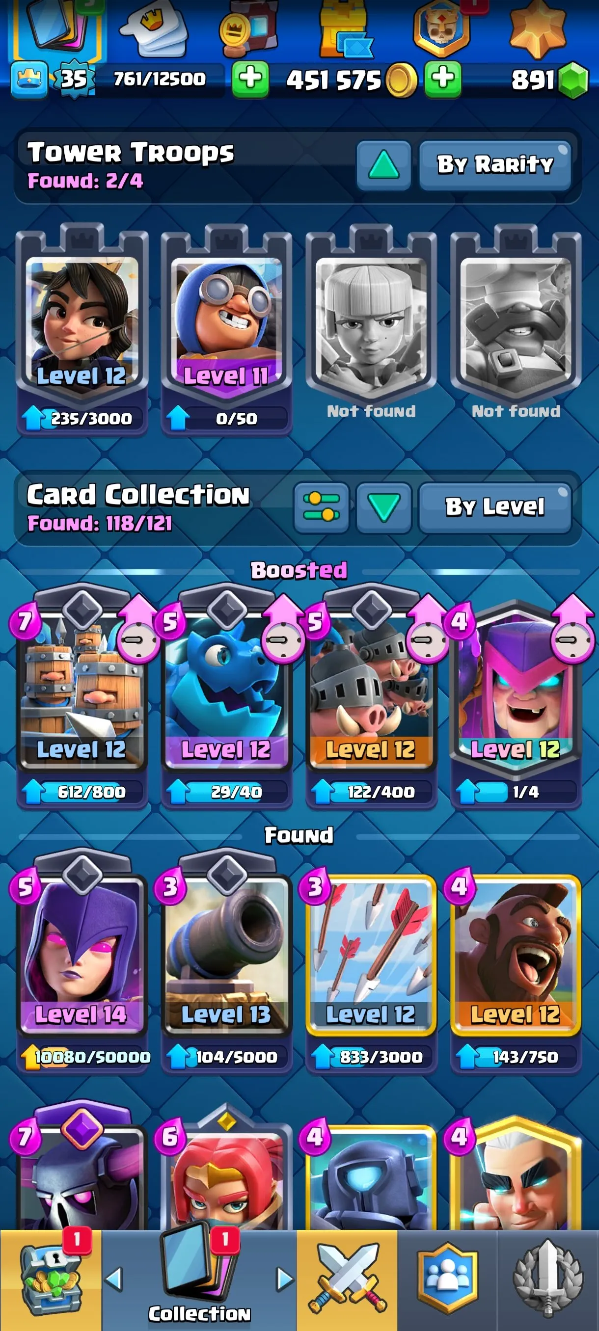 CR670 7518 cups 6 Evolutions 20 Legendary 118 cards 891 gems 451575 gold King 35 Arena 20 tower skins emotes badges