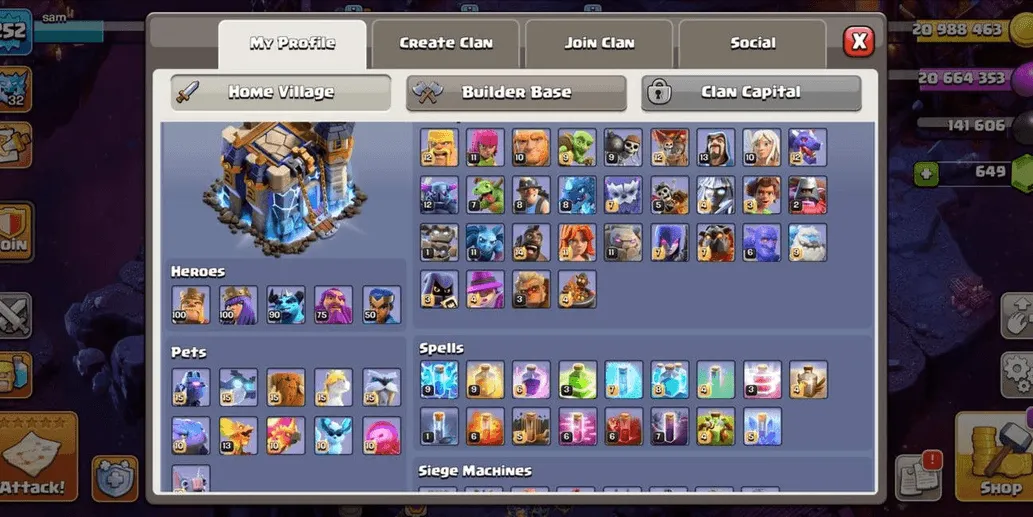 COC532 TH18 Full Max Heroes 100 100 90 75 50 Strongest Defense Max Troops Spells Pets Siege Machines (G)