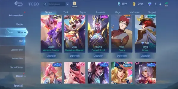 ML541 Skin96 Hero75 Max Emblem Naruto Vale Lightborn Tigreal Meowkven Julian Limited Miya Valentine Fanny Akai Anniversary