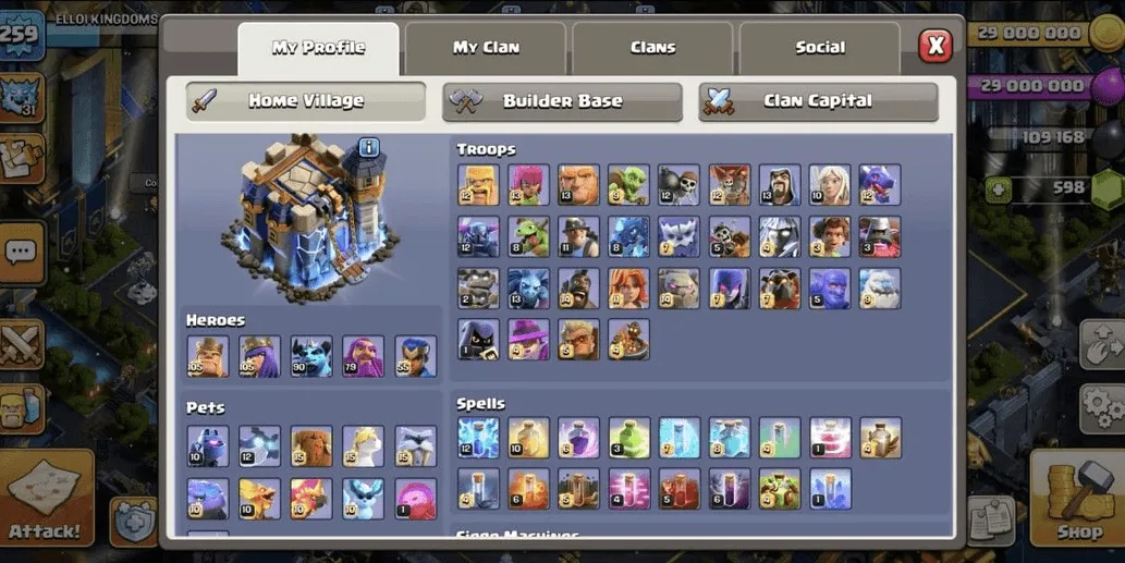 COC557 TH18 ALLMAXED HERO EQUIPMENT GLOW STRONG TROOPS SPELLS PETS 598 GEMS (G)