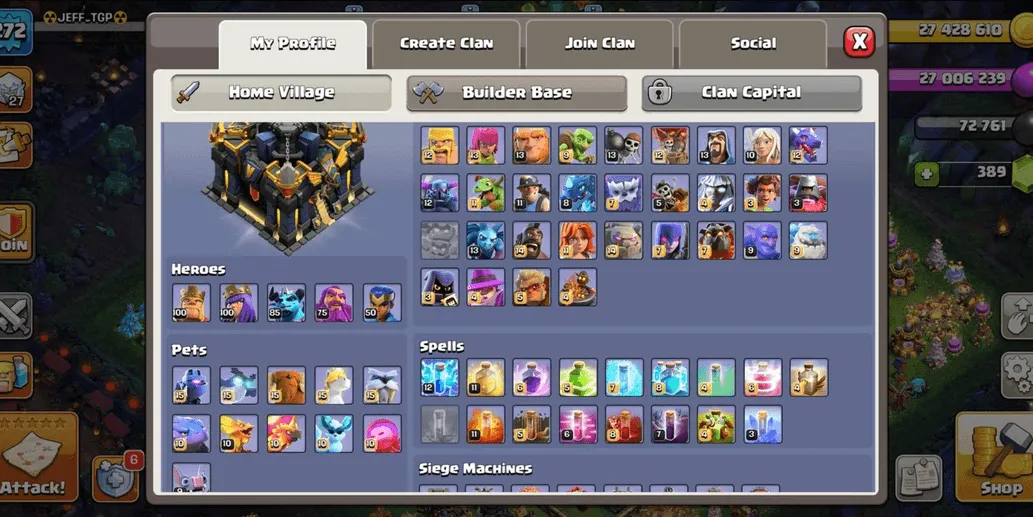 COC550 3 SCENERY TH17 FULL MAX EXP 272 HERO 100 100 85 75 50 STRONG TROOPS SPELLS PETS EQUIPMENT CN 1500 (G)