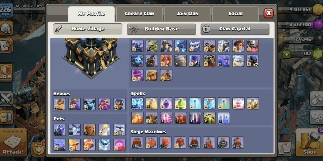 COC546 TH17 DEFENSE AND STRONG TROOPS HEROES 100 100 80 50 HIGH PETS EQUIPMENT 2506 TROPHIES (G)