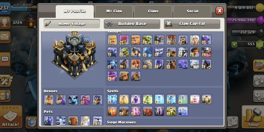COC526 TH17 All Maxed Heroes Strong Fence Defense Glowing Background High Equipment Strong Troops and Pets (G)